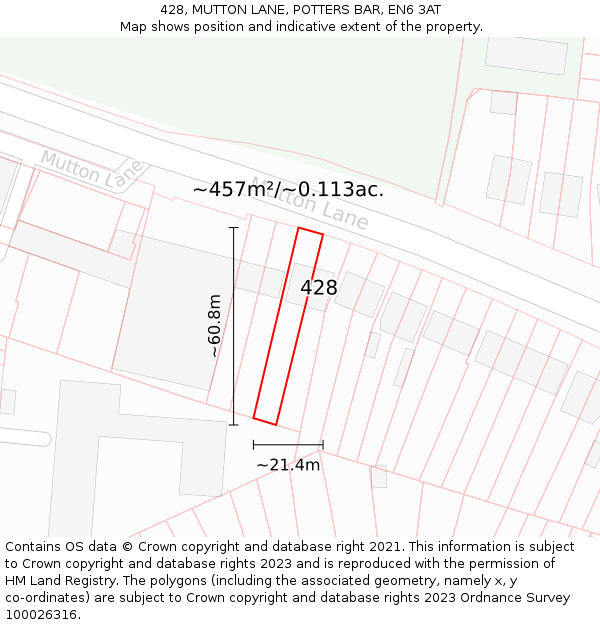 428, MUTTON LANE, POTTERS BAR, EN6 3AT: Plot and title map