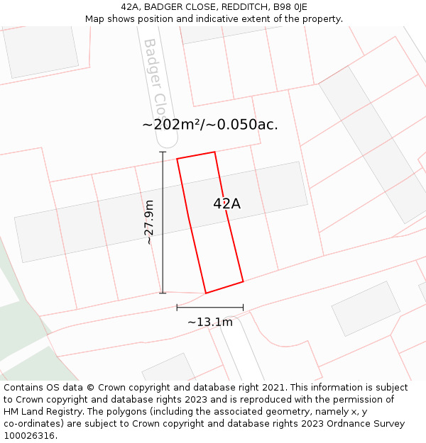 42A, BADGER CLOSE, REDDITCH, B98 0JE: Plot and title map