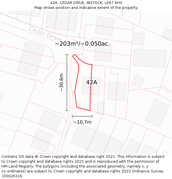 42A, CEDAR DRIVE, IBSTOCK, LE67 6HX: Plot and title map