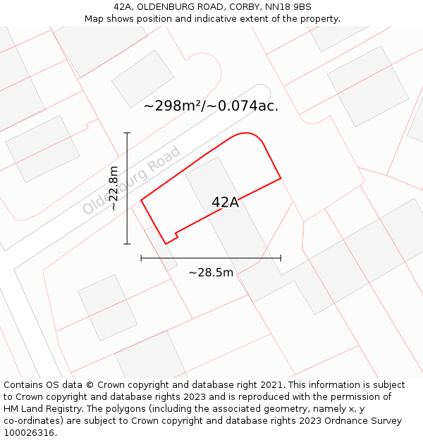 42A, OLDENBURG ROAD, CORBY, NN18 9BS: Plot and title map