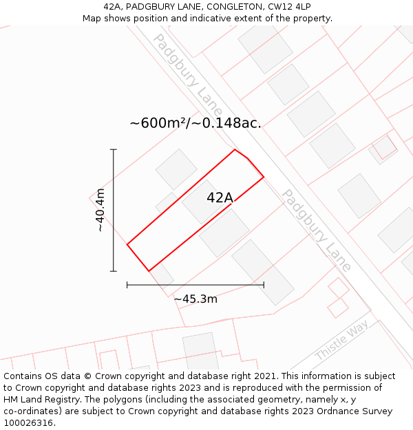 42A, PADGBURY LANE, CONGLETON, CW12 4LP: Plot and title map