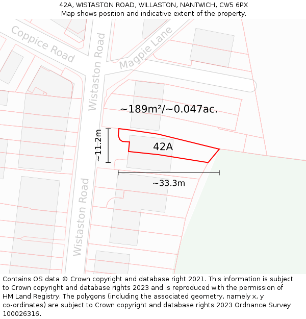 42A, WISTASTON ROAD, WILLASTON, NANTWICH, CW5 6PX: Plot and title map