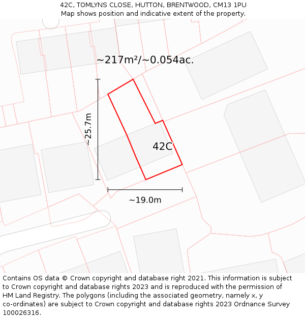 42C, TOMLYNS CLOSE, HUTTON, BRENTWOOD, CM13 1PU: Plot and title map
