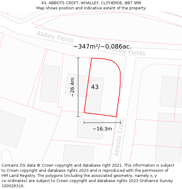 43, ABBOTS CROFT, WHALLEY, CLITHEROE, BB7 9RR: Plot and title map