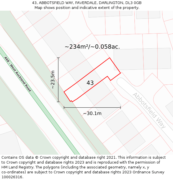 43, ABBOTSFIELD WAY, FAVERDALE, DARLINGTON, DL3 0GB: Plot and title map