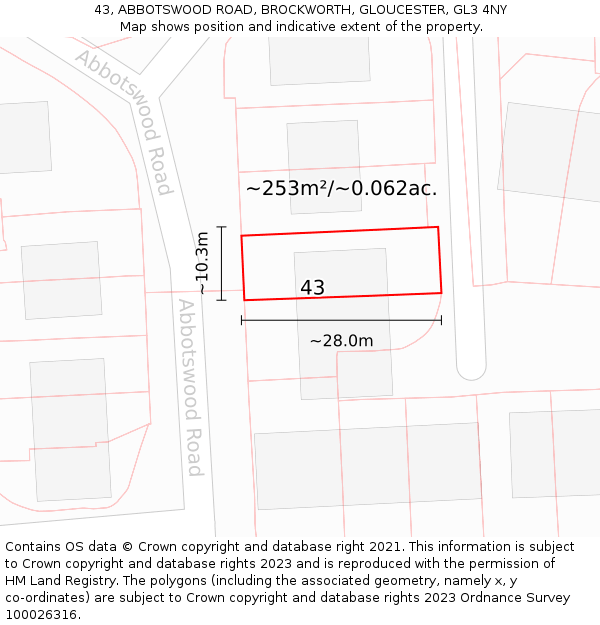 43, ABBOTSWOOD ROAD, BROCKWORTH, GLOUCESTER, GL3 4NY: Plot and title map