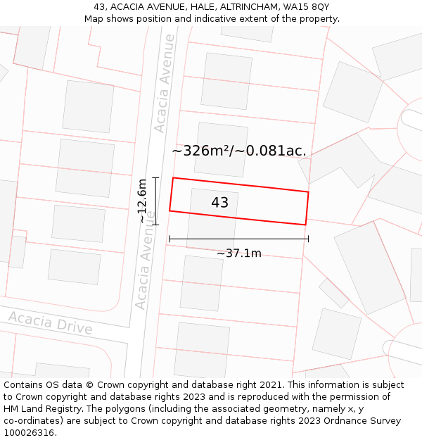43, ACACIA AVENUE, HALE, ALTRINCHAM, WA15 8QY: Plot and title map