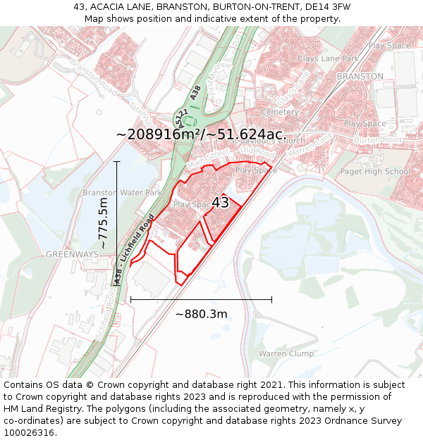 43, ACACIA LANE, BRANSTON, BURTON-ON-TRENT, DE14 3FW: Plot and title map