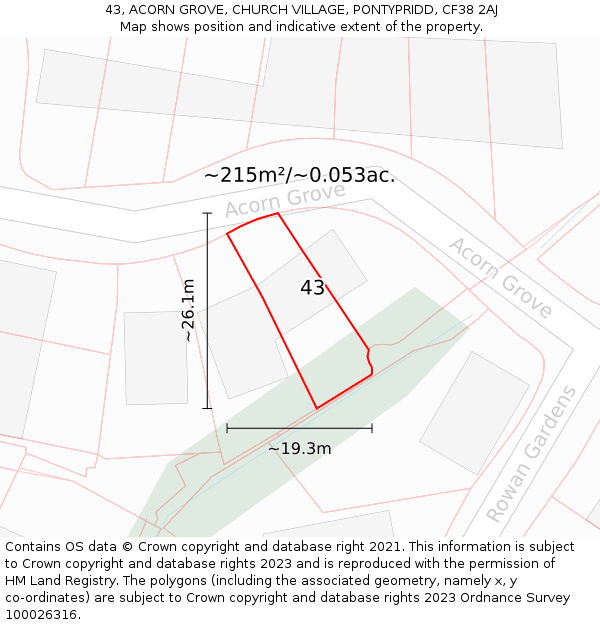 43, ACORN GROVE, CHURCH VILLAGE, PONTYPRIDD, CF38 2AJ: Plot and title map