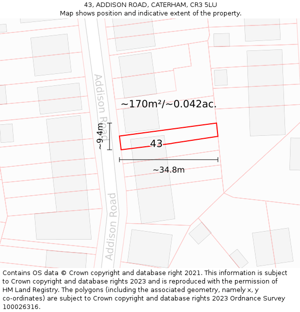 43, ADDISON ROAD, CATERHAM, CR3 5LU: Plot and title map