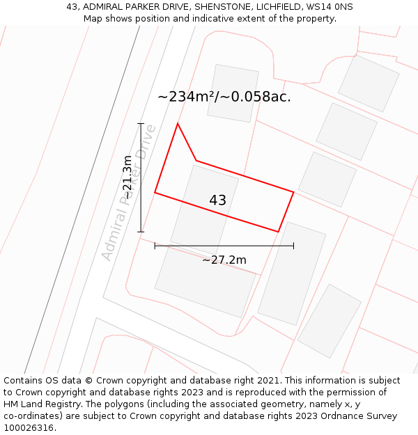 43, ADMIRAL PARKER DRIVE, SHENSTONE, LICHFIELD, WS14 0NS: Plot and title map