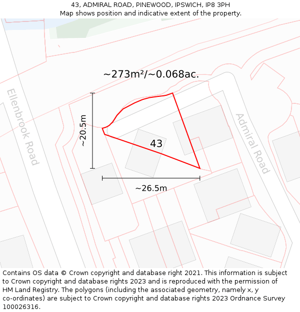 43, ADMIRAL ROAD, PINEWOOD, IPSWICH, IP8 3PH: Plot and title map