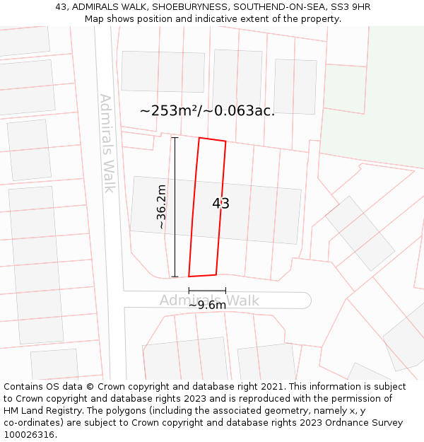 43, ADMIRALS WALK, SHOEBURYNESS, SOUTHEND-ON-SEA, SS3 9HR: Plot and title map