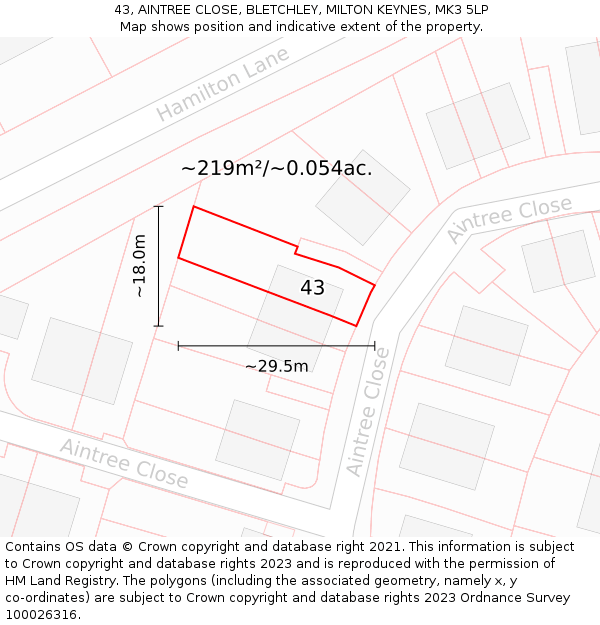 43, AINTREE CLOSE, BLETCHLEY, MILTON KEYNES, MK3 5LP: Plot and title map