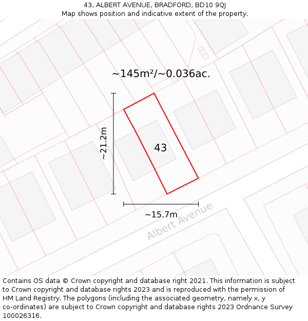 43, ALBERT AVENUE, BRADFORD, BD10 9QJ: Plot and title map