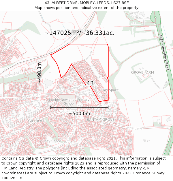 43, ALBERT DRIVE, MORLEY, LEEDS, LS27 8SE: Plot and title map