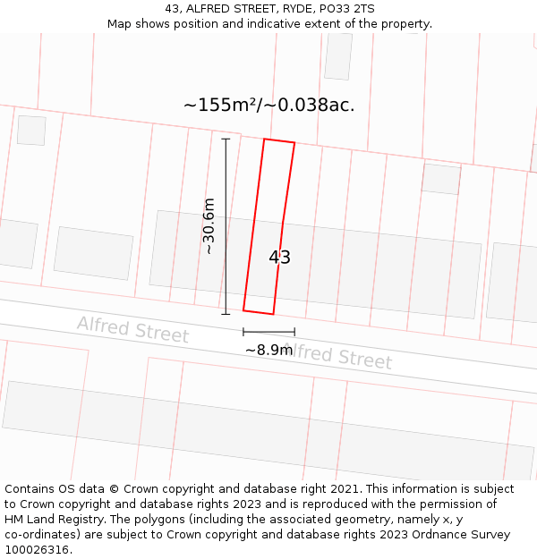 43, ALFRED STREET, RYDE, PO33 2TS: Plot and title map