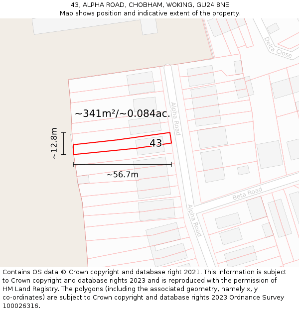 43, ALPHA ROAD, CHOBHAM, WOKING, GU24 8NE: Plot and title map