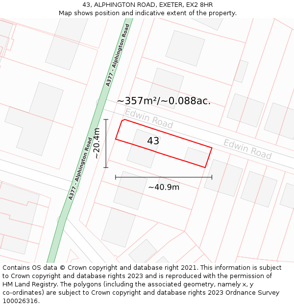 43, ALPHINGTON ROAD, EXETER, EX2 8HR: Plot and title map