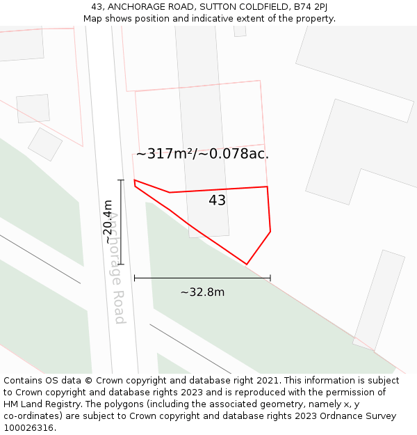 43, ANCHORAGE ROAD, SUTTON COLDFIELD, B74 2PJ: Plot and title map
