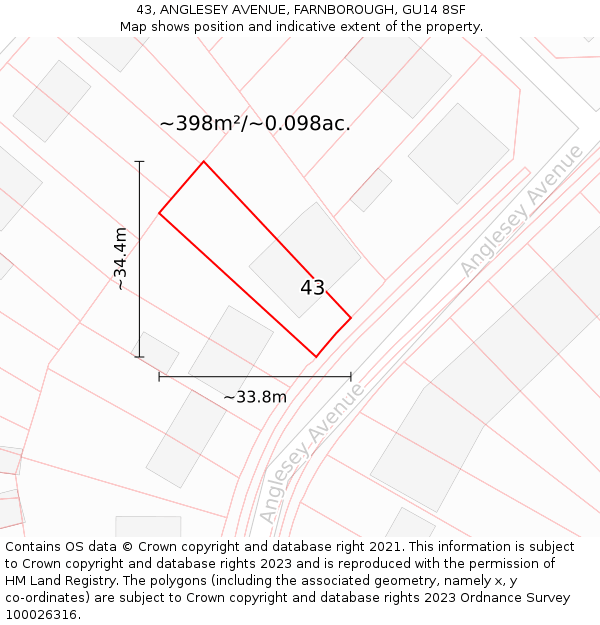 43, ANGLESEY AVENUE, FARNBOROUGH, GU14 8SF: Plot and title map