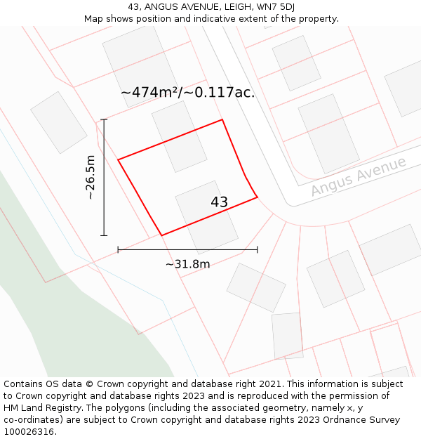 43, ANGUS AVENUE, LEIGH, WN7 5DJ: Plot and title map