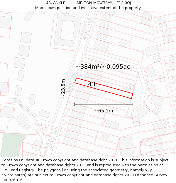 43, ANKLE HILL, MELTON MOWBRAY, LE13 0QJ: Plot and title map