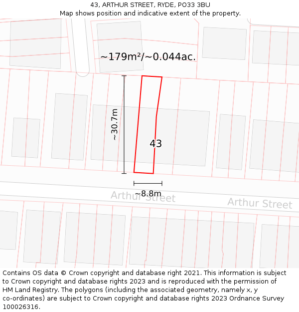 43, ARTHUR STREET, RYDE, PO33 3BU: Plot and title map