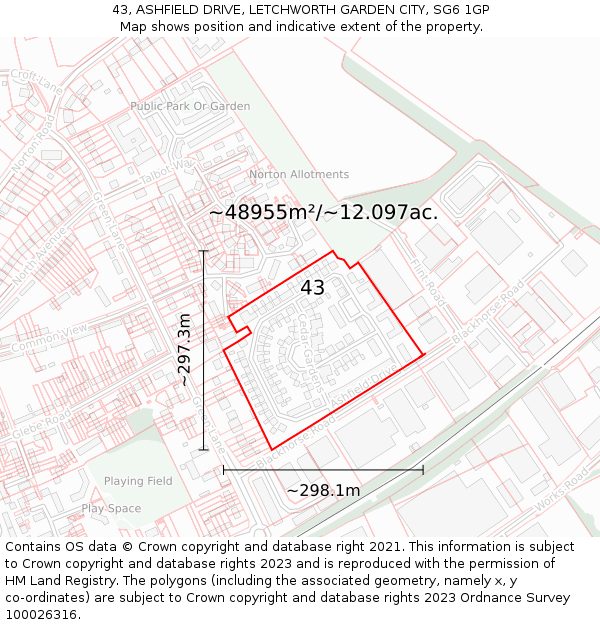 43, ASHFIELD DRIVE, LETCHWORTH GARDEN CITY, SG6 1GP: Plot and title map