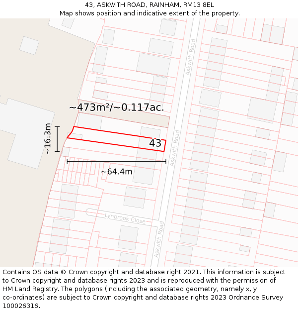 43, ASKWITH ROAD, RAINHAM, RM13 8EL: Plot and title map