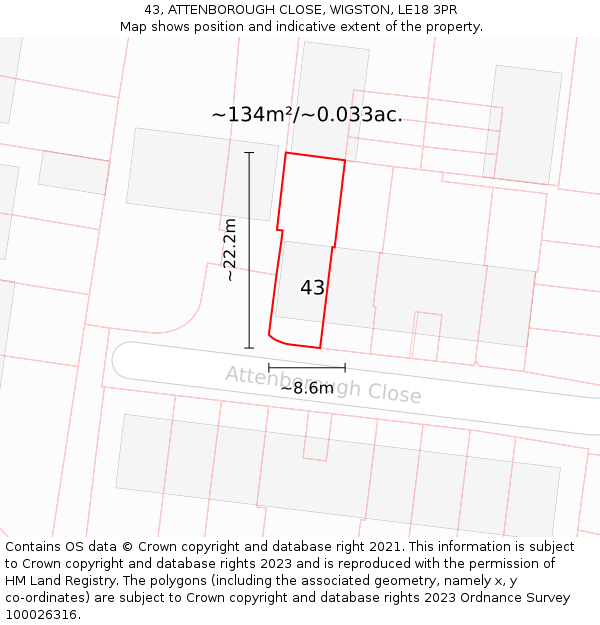 43, ATTENBOROUGH CLOSE, WIGSTON, LE18 3PR: Plot and title map