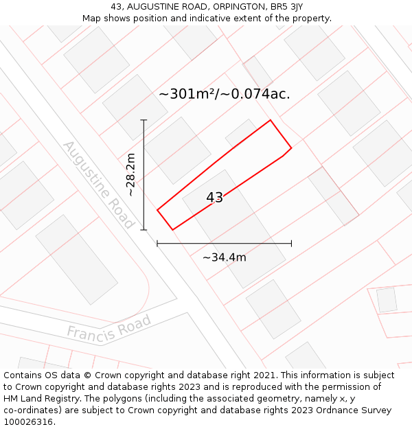43, AUGUSTINE ROAD, ORPINGTON, BR5 3JY: Plot and title map