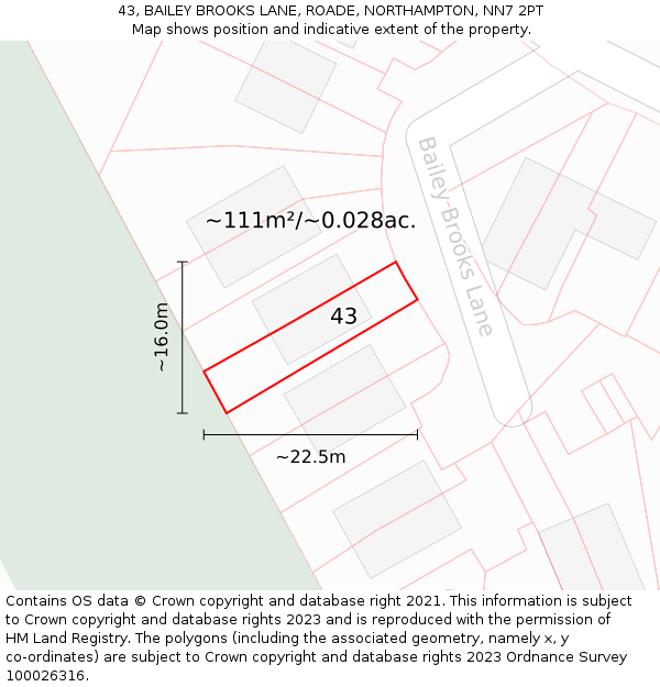 43, BAILEY BROOKS LANE, ROADE, NORTHAMPTON, NN7 2PT: Plot and title map