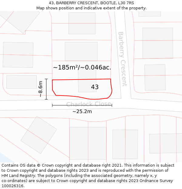 43, BARBERRY CRESCENT, BOOTLE, L30 7RS: Plot and title map