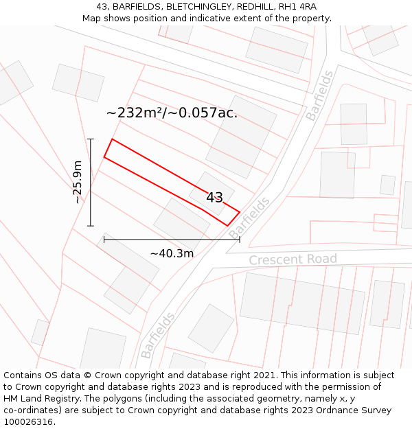 43, BARFIELDS, BLETCHINGLEY, REDHILL, RH1 4RA: Plot and title map