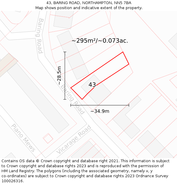 43, BARING ROAD, NORTHAMPTON, NN5 7BA: Plot and title map