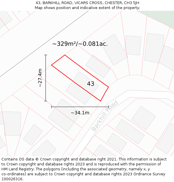 43, BARKHILL ROAD, VICARS CROSS, CHESTER, CH3 5JH: Plot and title map