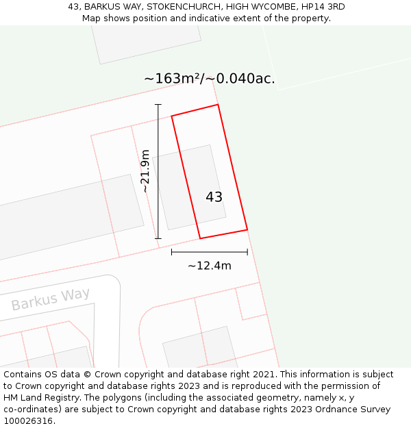 43, BARKUS WAY, STOKENCHURCH, HIGH WYCOMBE, HP14 3RD: Plot and title map