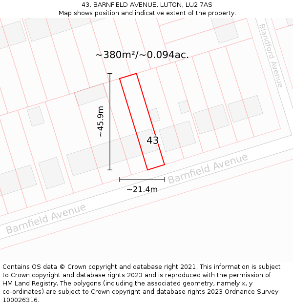 43, BARNFIELD AVENUE, LUTON, LU2 7AS: Plot and title map