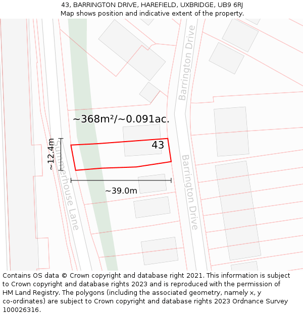 43, BARRINGTON DRIVE, HAREFIELD, UXBRIDGE, UB9 6RJ: Plot and title map
