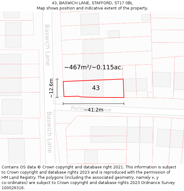 43, BASWICH LANE, STAFFORD, ST17 0BL: Plot and title map