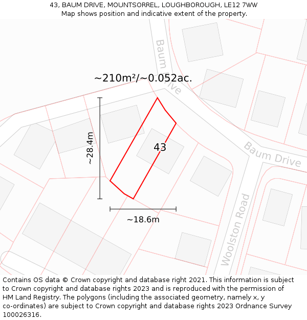 43, BAUM DRIVE, MOUNTSORREL, LOUGHBOROUGH, LE12 7WW: Plot and title map
