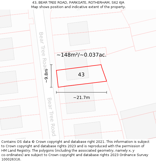 43, BEAR TREE ROAD, PARKGATE, ROTHERHAM, S62 6JA: Plot and title map