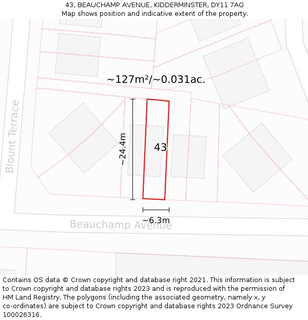 43, BEAUCHAMP AVENUE, KIDDERMINSTER, DY11 7AG: Plot and title map