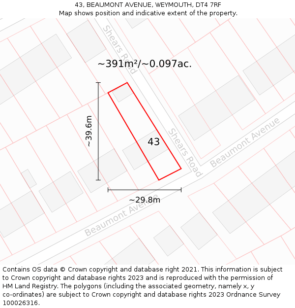 43, BEAUMONT AVENUE, WEYMOUTH, DT4 7RF: Plot and title map