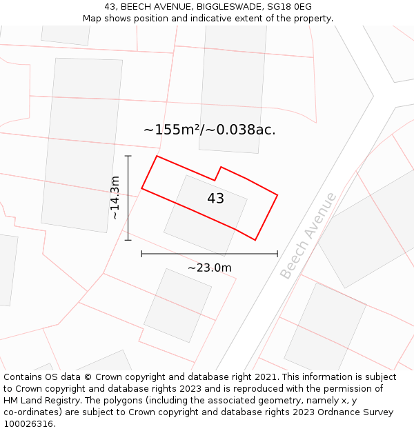 43, BEECH AVENUE, BIGGLESWADE, SG18 0EG: Plot and title map