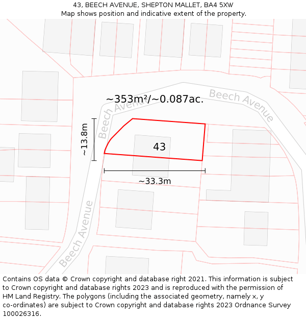 43, BEECH AVENUE, SHEPTON MALLET, BA4 5XW: Plot and title map