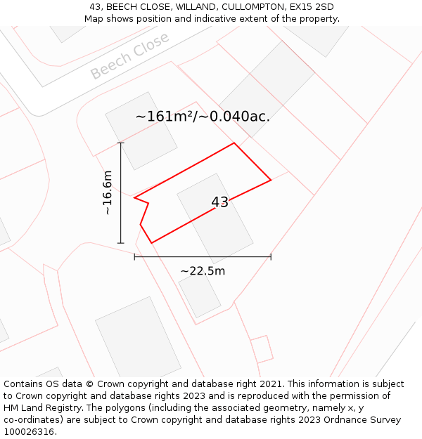 43, BEECH CLOSE, WILLAND, CULLOMPTON, EX15 2SD: Plot and title map