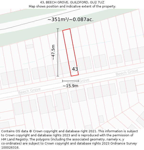 43, BEECH GROVE, GUILDFORD, GU2 7UZ: Plot and title map