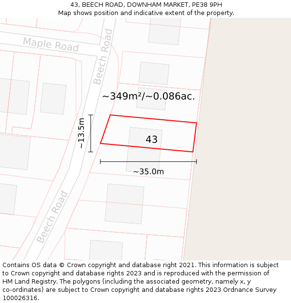43, BEECH ROAD, DOWNHAM MARKET, PE38 9PH: Plot and title map